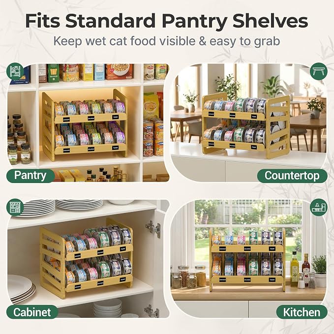 Cat Food Can Organizer for 3 oz and 5.5 oz Cans, Wooden FIFO Dispenser | Canned cat food organizer with FIFO lanes, write-on labels, marker and anti-slip pads for pantry shelves and feeding stations