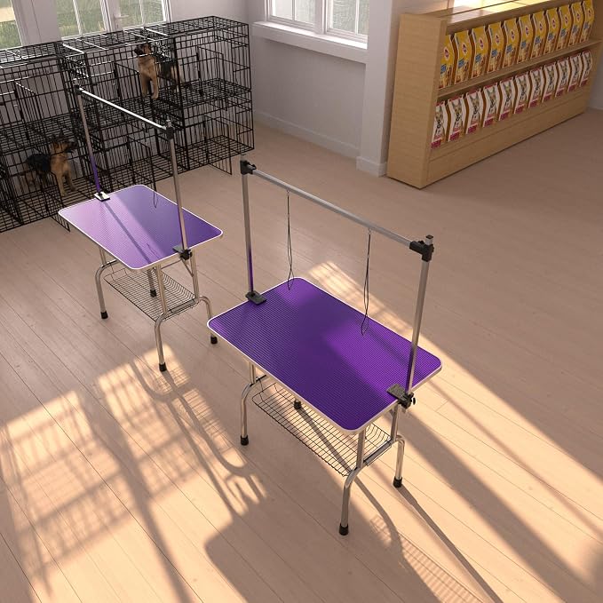 46" Pet Dog Grooming Table, Foldable Stainless Steel Frame Pet Drying Grooming Table Up to 330lbs, Professional Bathing Desk for Dogs at Home with Adjustable Overhead Arms, Noose, Mesh Tray, Purple