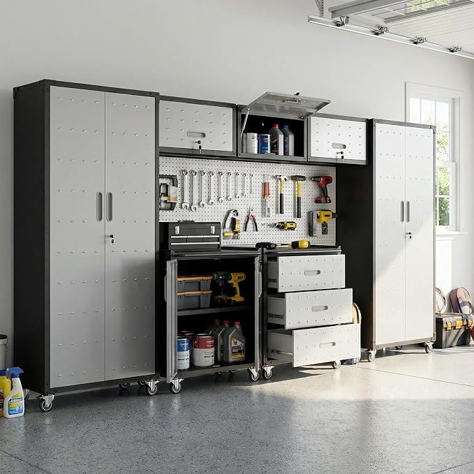 Garage Cabinet System | Heavy Duty Steel All-in-One Modular Garage Cabinet Set for Ultimate Workshop Organization | Easy Assembly Garage Storage Cabinets & Tool Bench