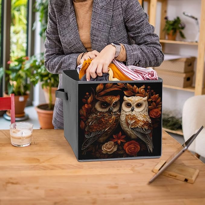 Owl Foldable Storage Bins, 10.6" Cube Storage Organizer, Sturdy Oxford Cloth Fabric Baskets for Closet, Shelf, Nursery, Bedroom, Decorative Printed Box for Toys & Clothes
