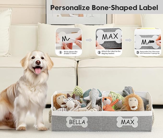 Large Dog Toy Basket, Foldable Dog Toy Bin with Removable Divider & 2 Tags | 61L Dog Toy Capacity, 2-Zone Sorting, Low-Front Pet Access, DIY Tags & Marker, Reinforced Structure, Trapezoid Dog Toy Box