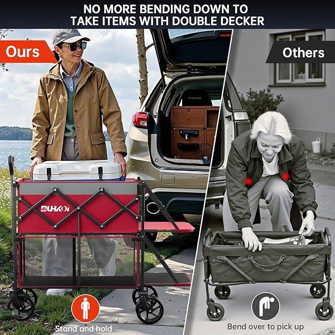 Double Decker Collapsible Wagon with Brakes,Compact with Tailgate | Big All-Terrain Wheels , 2-Tier for Camping Gear, Sports, Groceries, Shopping, Garden & Outdoor Use