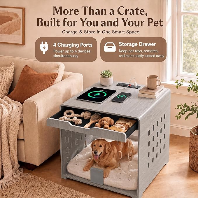 Modern Dog Crate Furniture Wooden Kennel Charging Station End Table Grey | Nightstand, Dog Cage Indoor, up to 110 lb, Flip-Up Acrylic Door, Storage Drawer, for Large Medium Dogs, Living Room Bedroom