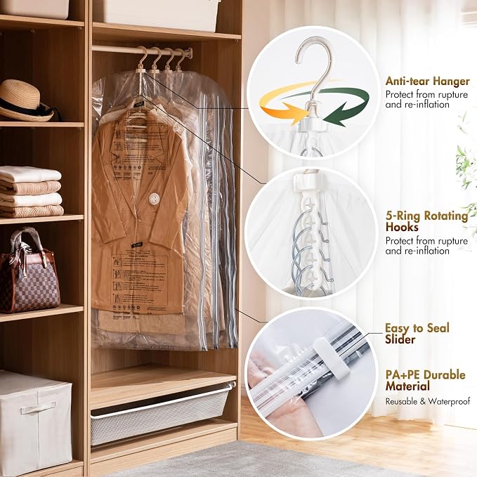 TAILI Hanging Vacuum Storage Bags for Clothes Space Saver 6 Combo Clear | Vacuum Seal Bags for Clothing Travel, Winter Clothes Storage Closet Organizers, Garment, Coats, Suits and Jackets