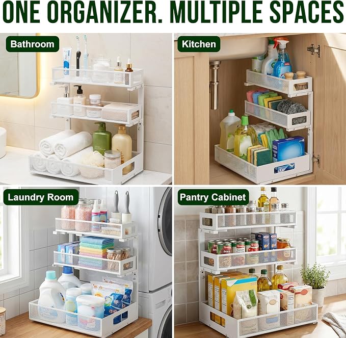 3 Tier Under Sink Organizer,1 Pack Pull Out Cabinet Shelves with Adjustable Height,Heavy Duty Carbon Steel L-Shaped Storage for Kitchen Bathroom Sink,Pantry & Laundry,White