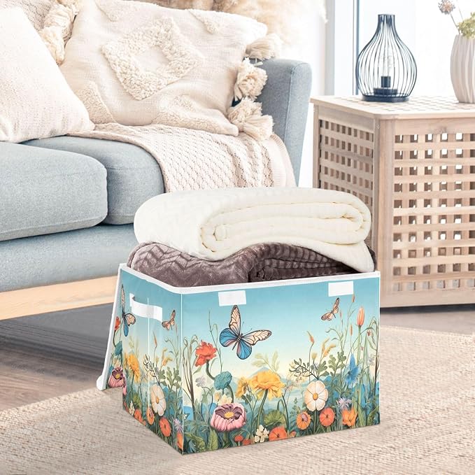 Colorful Flower Pattern Storage Bins with Lids and Carrying Handle,Foldable Storage Boxes Organizer Containers Baskets Cube with Cover for Home Bedroom Closet Office