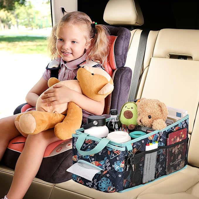 HEYSKAY Backseat Car Organizer Car Caddy Passenger Seat Organizer for Kids | Collapsible Small Car Storage, Console Front Seat Car Organizer for Truck, SUV and Minivan, Adjustable Compartment Space