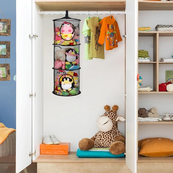 2Pcs Hanging Stuffed Animal Storage Hammock Net 3 Tiers, Black | Hanging Mesh Storage Organizer for Kids Room, Holds Plushies, Gloves, Hats, Socks, Foldable Space-saving Design