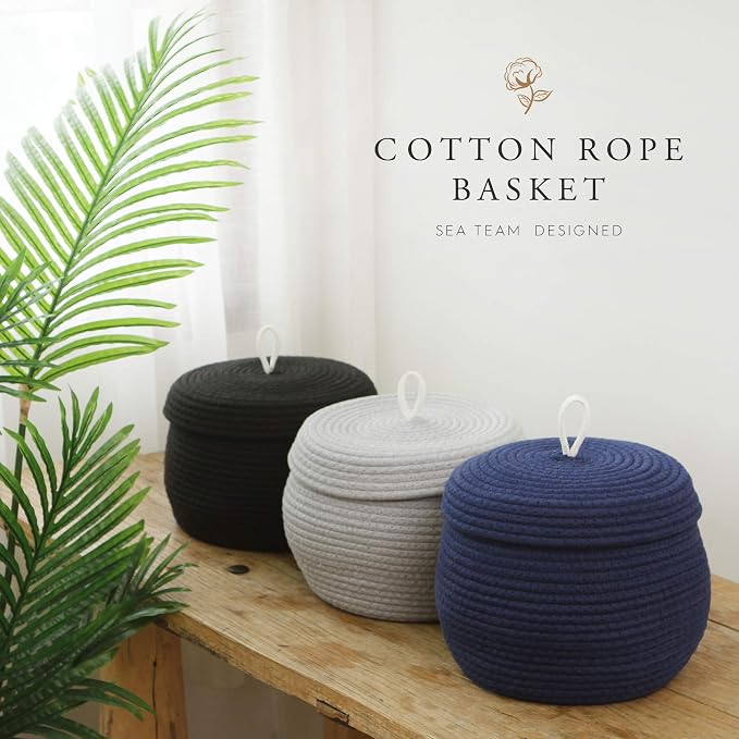 Sea Team Round Woven Cotton Rope Storage Basket with Lid, Navy, 2-Pack | Lidded Knitted Decorative Storage Bin, Pot, Caddy, Organizer, Container for Snacks, Towels, Plants, 10 x 7.5 Inches