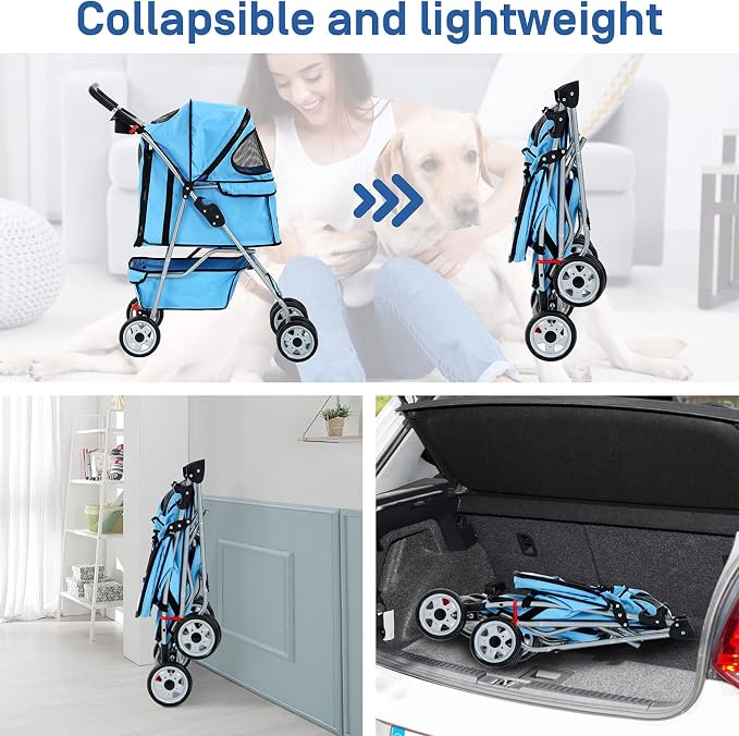 4 Wheels Pet Stroller for Dog and Cat Stroller, Lightweight and Foldable Carrier Strolling Cart W/Cup Holders Removable Liner for Small and Medium Dog Cat - Blue