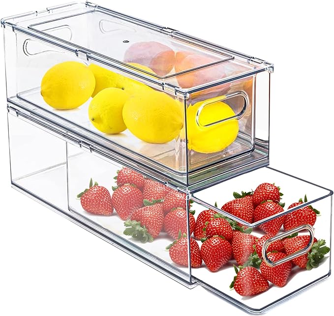 Refrigerator Organizers and Storage, 2 Pack BPA-Free Sturdy Stackable Clear Pull out Drawer Organizer Bins, Fridge Organizers and Storage for Fruit, Produce, Drink, Snack and Food Storage Containers