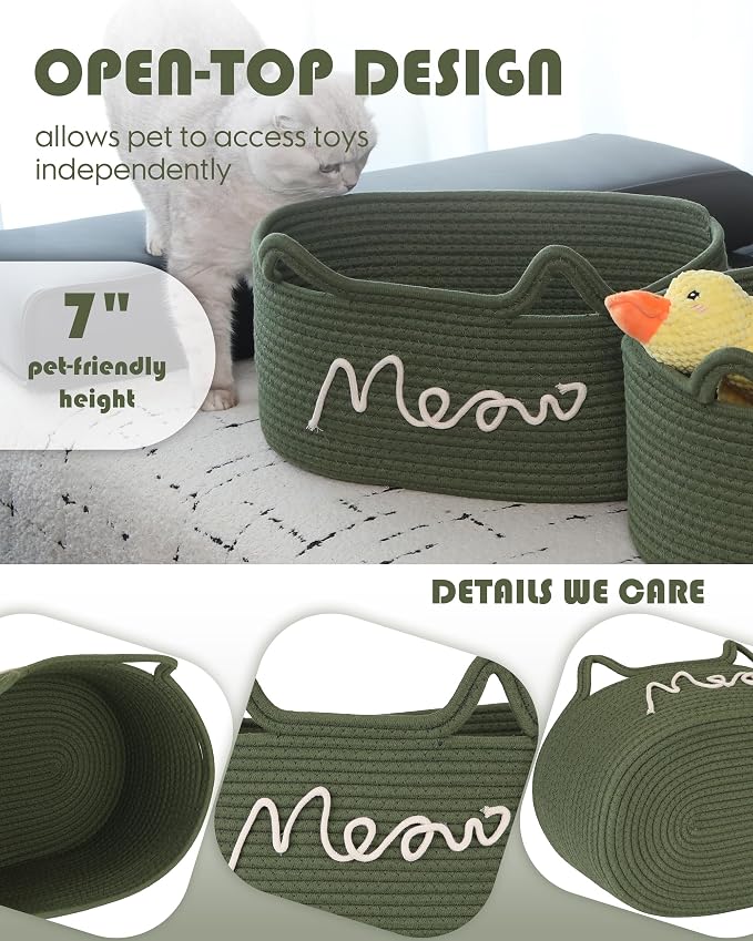 Sea Team Cat Toy Storage Basket with Handles and Ears, Green Meow | Large Cotton Rope Storage Bin, Shelf Basket, Organizer for Pet Chew Toys, Foods, 16.5 x 11 x 7 Inches, 4.4 Gallons