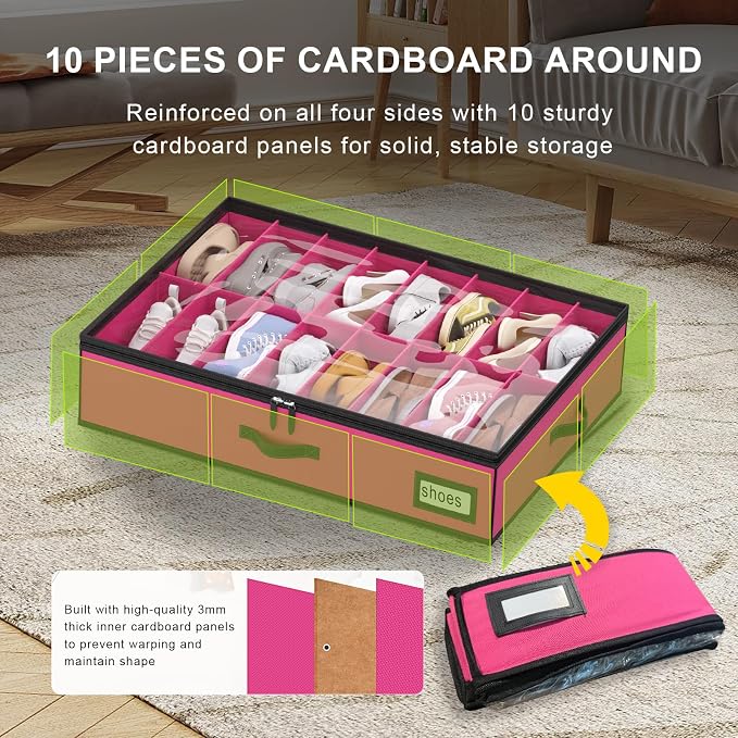 Shoe Organizer Under Bed, Fits 32 Pairs, Under bed Shoe Storage Boxes with Study Handles and Clear Cover, zapateras organizer for shoes, set of 2