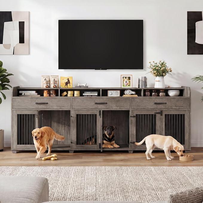 LUXOAK 95" Large Dog Crate Furniture with Storage 3-Room Indoor Dog Kennel | Dog Cage for Large/Medium Dogs, TV Stand & Sideboard with Drawers & Removable Divider, Grey