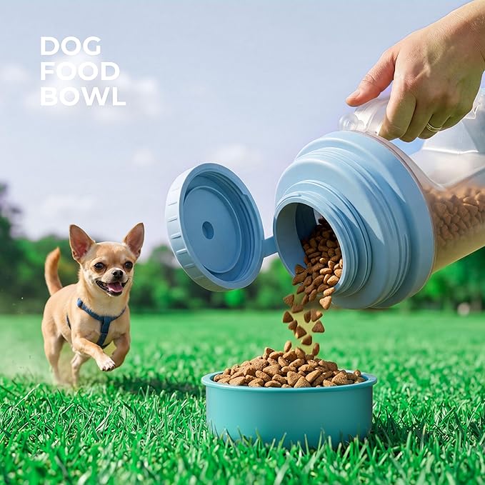Dog Water Bottle with 33.5oz Water & 13.5oz Food Dispenser, 2 Detachable Bowls with Shoulder Strap, Leakproof Portable Travel Water Bottle for Pets Outdoor Walking, Hiking, Camping, Large