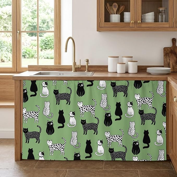 Cat Animal Cabinet Curtain 32"Wx55"L,Dustproof Pantry Door Curtain with Self Adhesive Tape,Sage Green Earthy Tone Vintage Pet Modern Tall Storage Cover Privacy Drape for Bathroom Kitchen Laundry Room