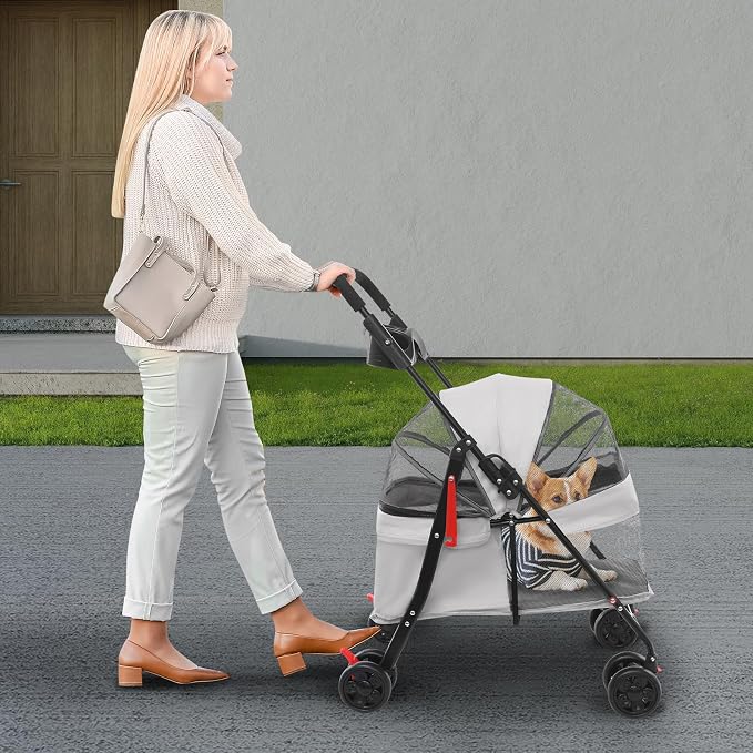 Foldable Pet Stroller with Mesh Windows, 40lbs Capacity Pet Carrier Cart with Locking Wheels, Breathable Cat & Dog Stroller for Small Animals, Foldable Pet Travel Cart for Outdoor (Light Gray)