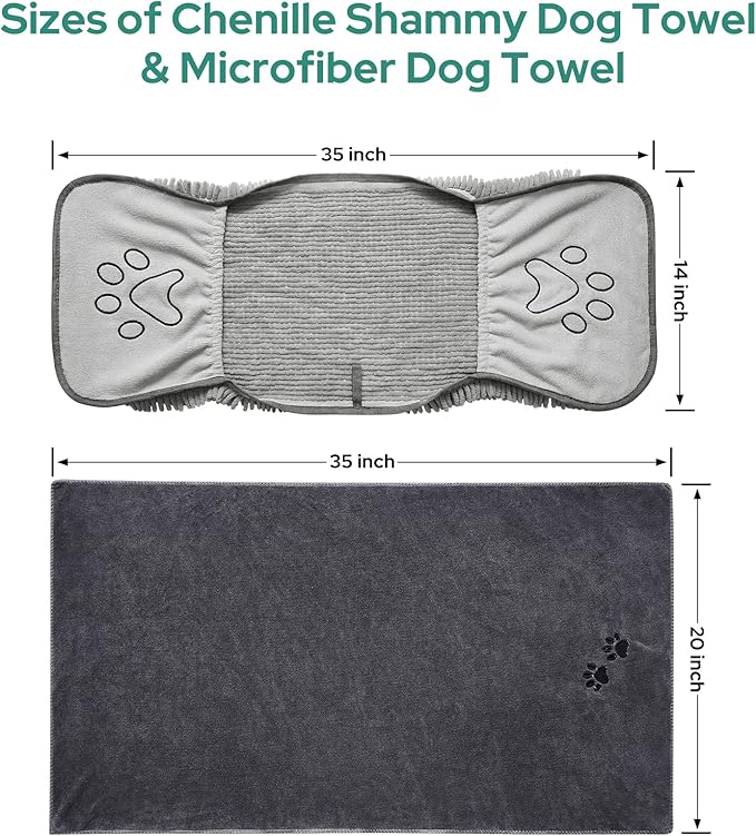 HOMEIDEAS 2 Pack Dog Towels Set, Chenille and Microfiber, Super Absorbent Soft Bath Shammy Towel with Hand Pockets for Pets Drying