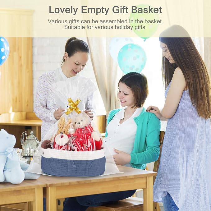 Small Woven Gift Basket with Bag & Ribbons, Folkstone Gray | Cotton Rope, 13”x 9”x 5.5”, Fits for Kids, Women & Men, Bedroom, Living Room, Nursery & Bathroom Storage, Cat & Dog Toy Boxes