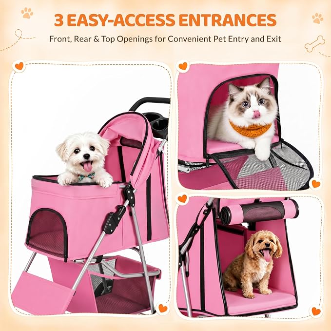 ZENY Foldable Pet Stroller, Cat/Dog Stroller with 4 Wheels | Pet Travel Carrier Strolling Cart with Storage Basket, Cup Holder (Pink)