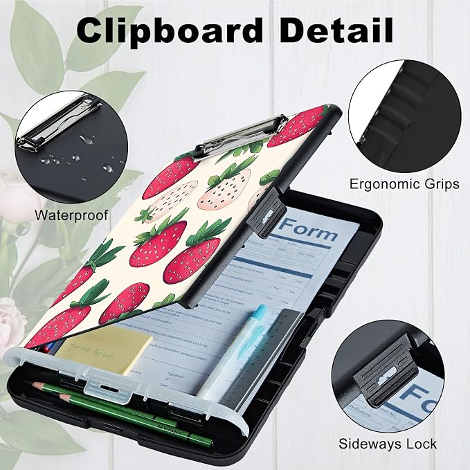 A4 Clipboard with Storage Pen Holder, Clipboards Organizer Nursing Clipboard Foldable File Folder Plastic Clipboard Folio Clip Board for Office Work Classroom Doctor, Pink Strawberry