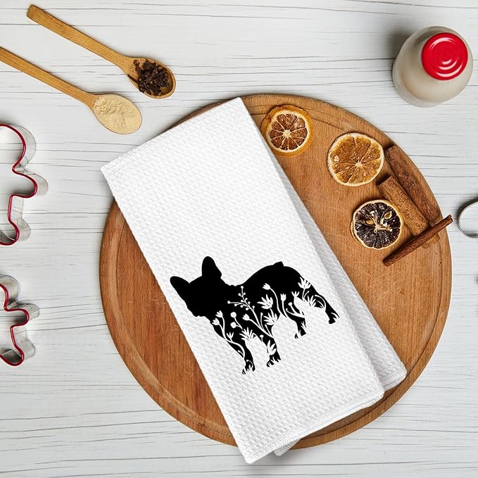 Black and White Pug Flower Kitchen Towels,Pug Weiner Dog Lover Gifts for Women Mom Dish Towels for Kitchen,Weiner Dog Hand Towel Decorative Set for 2