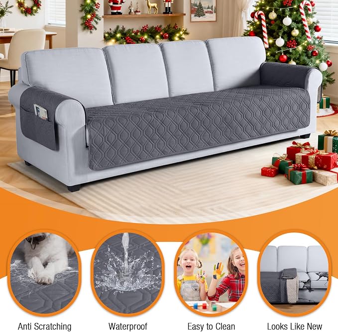 VANSOFY Waterproof Oversized Couch Cover for Pets, Dark Gray, 78.7" | Non-Slip, Washable, Utility Pockets, Pet Friendly, Furniture Protector Slipcover for 4 Cushion Couch
