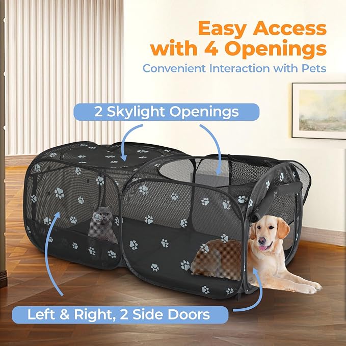 2-in-1 Dog Playpen 46.5''Pop Up Cat Pet Playpen, Assembly-Free Indoor Outdoor Kitten Enclosure, Breathable Cat Cage Portable Puppy Tent Crates,Spacious Kennel for Small Animals, No Confinement Feel(S)