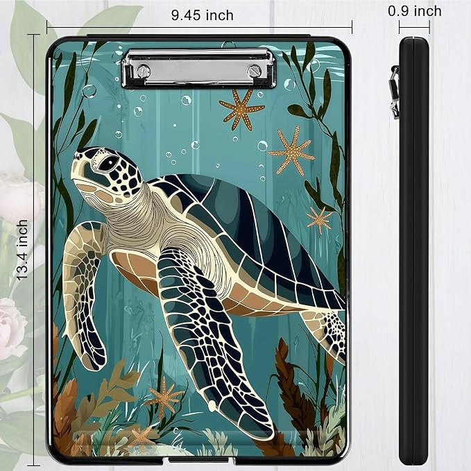 Heavy Duty Storage Clipboard, Slim Nursing Clipboard with Internal Pen Case, Portable File Organizer Case for A4 Letter Size Paper Office Medical Professionals, Retro Turtle Ocean