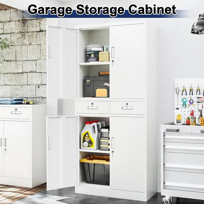 BESFUR Metal Storage Cabinet with 2 Drawers 4 Doors and 2 Adjustable Shelves Garage Storage Cabinet with Lock 71" Office Storage Cabinets Locking Cabinets for Garage Office Shop Home (White)