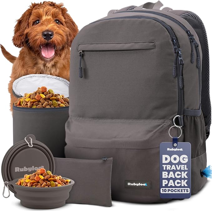 Dog Travel Backpack for Supplies - Dog Diaper Bag with Travel Bowls | 2 BPA-Free Bowls; Food Container & Treat Pouch; Placemat; Laptop Sleeve; Poop Bag Dispenser, Hiking, Camping & Road Trips,
