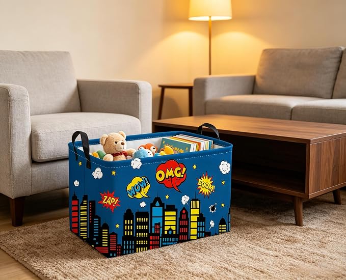 Sanjiaofeng Rectangular Blue City Hero Skyline Basket,Baby Storage Bins with Handles,Comics Hero Kid Basket,Building Silhouettes Storage Bin,Room Decor(Building)