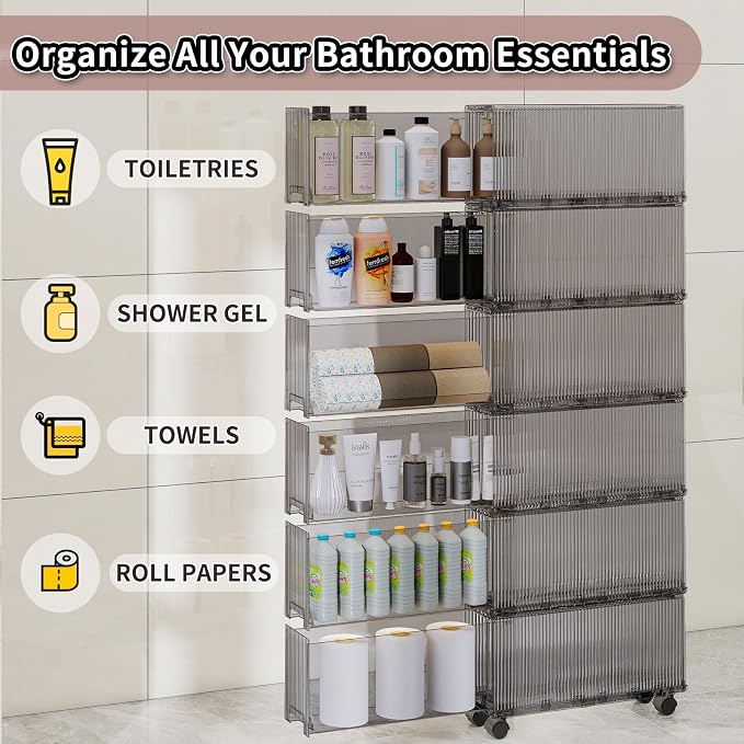 KHNR Slim 6 Tier Bathroom Storage Cabinet with Wheels, Narrow Gap Organizer Shelf, Tower for Shampoo, Towels, Toilet Paper Toiletries, Perfect for Bathroom Corner or Beside Toilet, Clear Grey