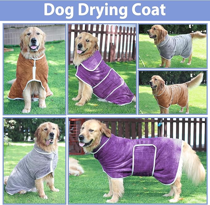 Dog Bathrobe Towel Dog Drying Coat - Super Absorbent Towels Bath Robe for Dogs Large, Soft Adjustable Collar & Belly Strap Fast Drying Coat Pet Cat Bath Robe (Brown, X-Large)
