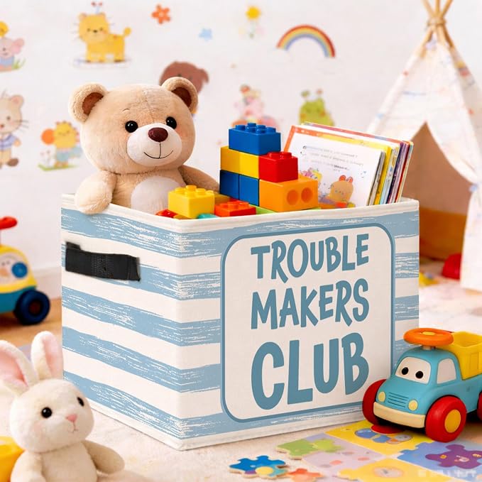 Trouble Makers Storage Bin, Foldable Fabric Basket for Bedroom | Foldable fabric storage bin with funny blue stripe design for toys, books, clothes, nursery, bedroom, and playroom use.