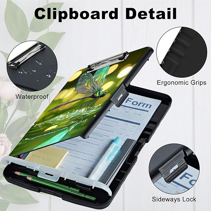 A4 Clipboard with Storage Pen Holder, Clipboards Organizer Nursing Clipboard Foldable File Folder Plastic Clipboard Folio Clip Board for Office Work Classroom Doctor, Green Dragonfly