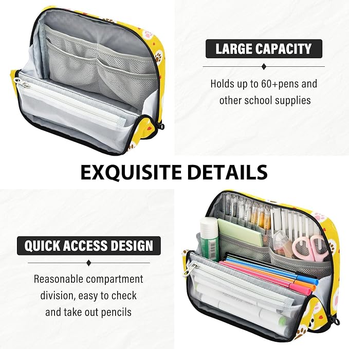 Aslsiy Large Capacity Pencil Case Cute Pet Paws on Yellow (1) Pencil Pouch for Boys Girls Portable Pen Bag Organizer Standing Makeup Bag for School Office Supplies