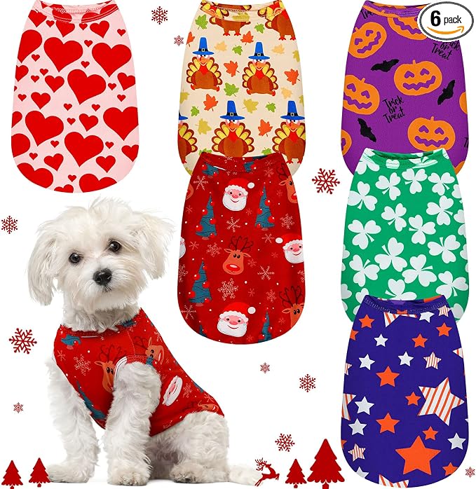 Xuniea 6 Pcs Holiday Dog Shirt Valentines Dog Clothes Easter Pet Outfit Costume Seasonal Puppy Festival Vest Apparel Pet Tank Top Tees for Dogs Cat Halloween Christmas(S (fit 3-5lbs）)