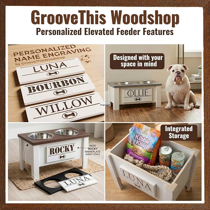 Elevated Dog Bowls for Small Dogs, Personalized Food Stand for Small Breed | Farmhouse Style, Elevated Wood Stand, Storage Container, Stainless Steel Bowls, Raised Anti-Slip Feeder, Made in USA