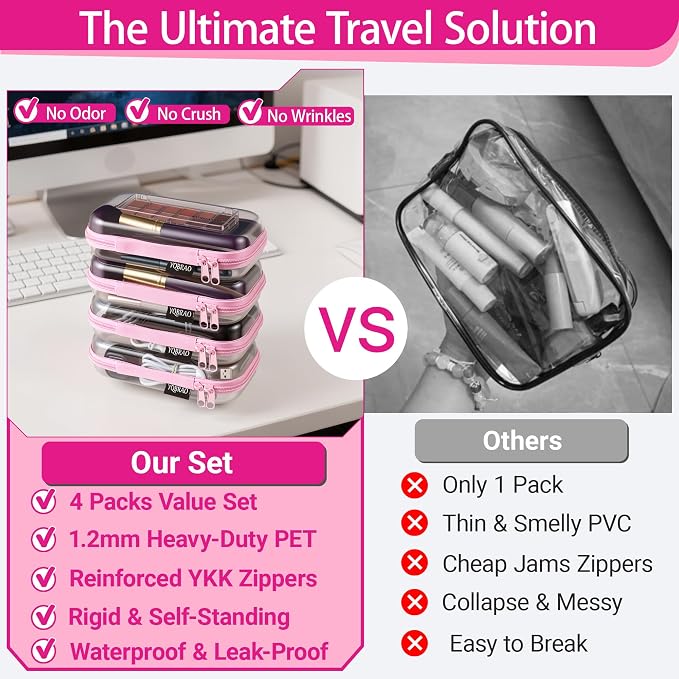 YQBRAO Clear Hard Shell Zipper Cases, 4 Small Cable Organizers, Pink | Rigid 1.2 mm PET and YKK dual zippers for cosmetics, charging cords, pens and travel accessories