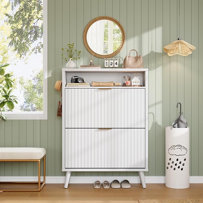Shoe Storage Cabinet with 2 Flip Drawers for Entryway,Fluted Door | Narrow Shoe Storage Organizer Rack, Hidden Shoe Cabinet with Adjustable Shelves for Entryway, Hallway, Living Room,White
