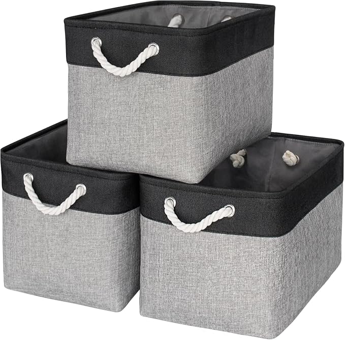 Storage Basket for Organizing - 16x12x12 inch Cube Storage bin 3 Pack Fabric Storage Cubes, Collapsible Storage Box for Organizer Cloth Gift Toy Closet (Black & Grey)