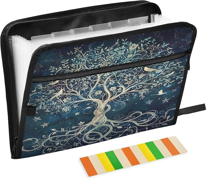 13 Pocket Zipper Expanding File Folder A4 Tree of Life | Accordion File Organizer with Front Pouch A4 Letter Size Portable Folders for Documents Receipt School Office Supplies