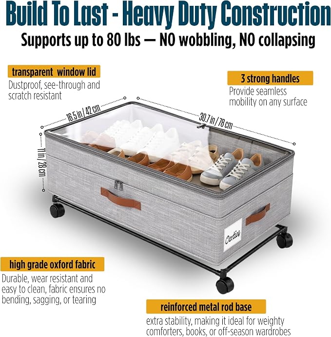 Under Bed Storage Organizer with Wheels, Rolling Under Bed Storage Containers with Clear Lid, Dual Zippers, Handles, Storage for Clothes, Shoes, Blankets, Toys, 2-pcs Under Bed Drawers(Grey)