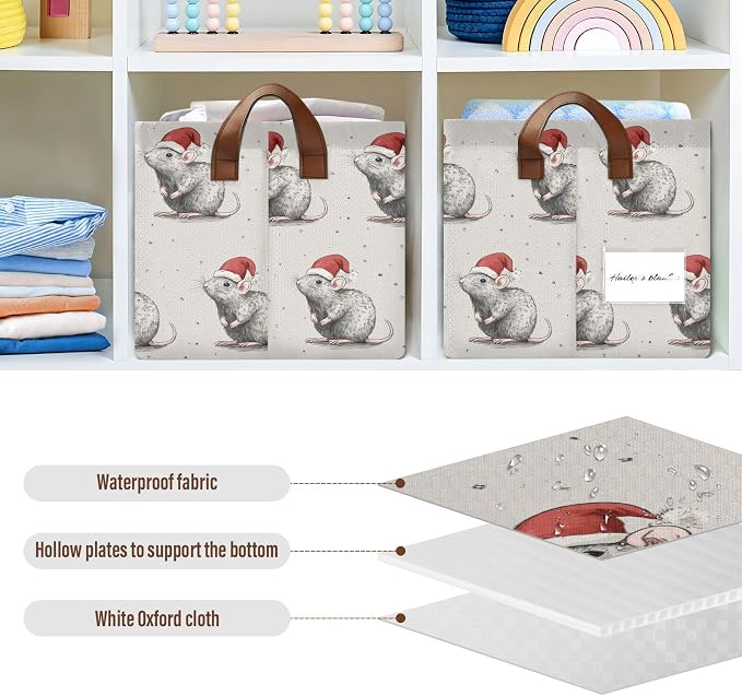 Christmas Cute Rat Pet Xmas Storage Basket Foldable Cube Storage Bins with Handles&Label Waterproof Collapsible Organizer Box Bin Large Rectangle Decorative Baskets for Shelves Home Room Laundry