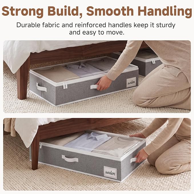 StorageWorks 6 Inch Low Profile Under Bed Storage Containers with Clear Lid | Reinforced Structure, Resists Sagging, Handles & Label Holder, Foldable Stackable Closet Storage for Clothes, Blankets, Toys