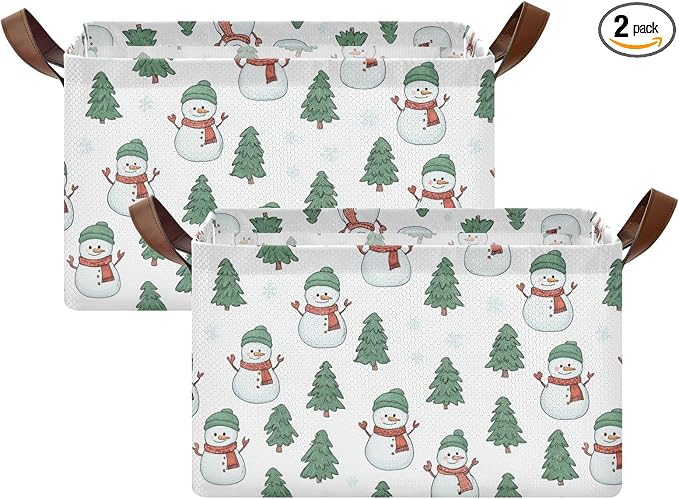 Cartoon Snowmen and Pine Tree Storage Basket Foldable Cube Storage Bins with Handles&Label Waterproof Organizer Box Bin Large Rectangle Decorative Baskets for Shelves Home Room Laundry, 2 Pack