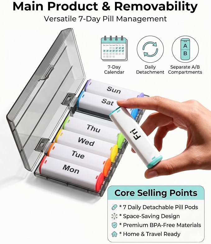 CAidRE Weekly Pill Organizer AM PM - 7 Day Large Travel Pill Box Case | Fits Large Pills & Fish Oil, Removable Daily Compartments, Easy Open for Seniors, Durable Water-Resistant Case, White