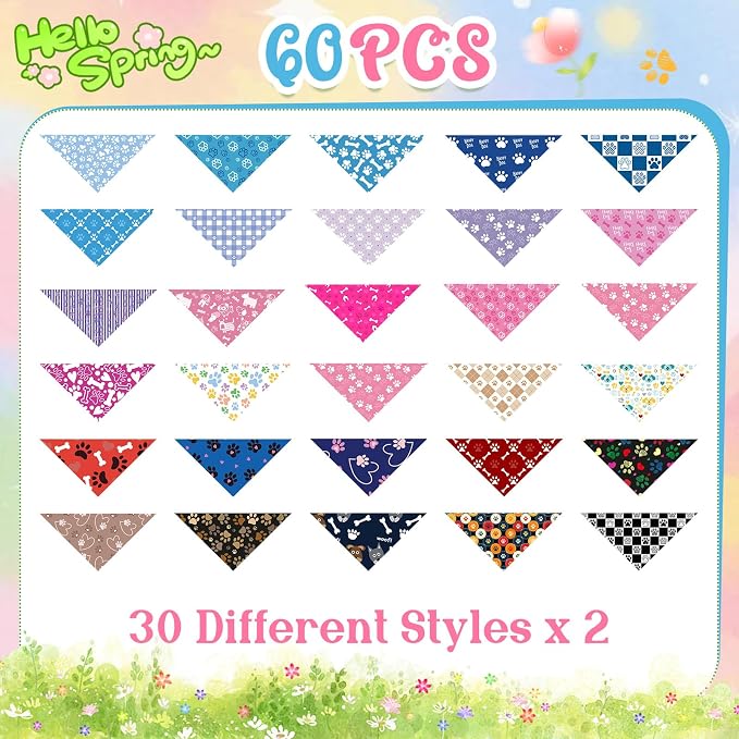 Sanwuta 60 Pcs Holiday Dog Bandanas Bulk Paw Prints Funny Dog Bandanas Adjustable Dogs Bibs Triangle Scarf Pet Costume Cute for Small to Large Pet(Paw Prints, Large)