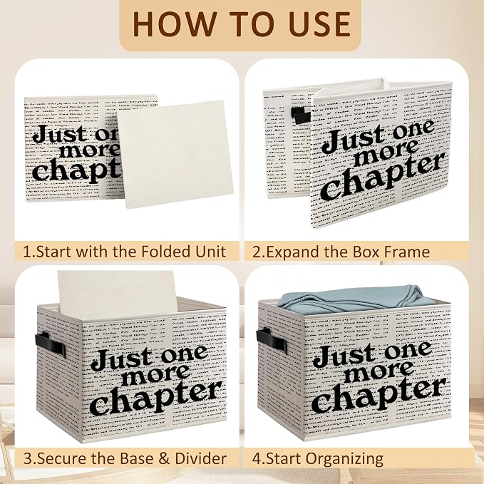 Just One More Chapter Foldable Storage Bins Box with Handles, Black and White Minimalist Decorative Storage Boxes Baskets Toybox Organizer for Library Reading Nook Corner Room